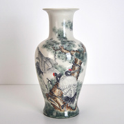 收藏级手绘吉祥寓意仙鹤迎客松树陶瓷花瓶中式艺术高端装饰品摆件