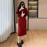 酒红色小香风套装裙女秋冬时尚，气质加棉短外套半身裙两件套高级感