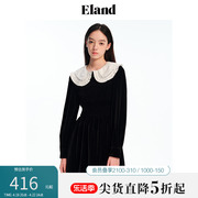 Eland衣恋连衣裙丝绒娃娃领长袖撞色甜美风秋冬打底裙