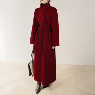 新年战袍红色超长款立领双面呢大衣女高级感大牌，直筒羊毛呢外套冬