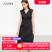 amii2024夏v领收腰开叉无袖，垫肩连衣裙女中长裙法式小黑裙子