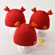 婴儿帽子秋冬季新生儿，胎帽满月男女宝宝，针织帽百天过年喜庆毛线帽