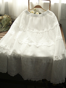 穿白裙的森女 日系松紧腰花边蛋糕裙刺绣镂空蕾丝半身裙中长裙