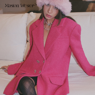 masionwester秋冬女装玫红色羊毛小香风宽松版，双排扣西服外套
