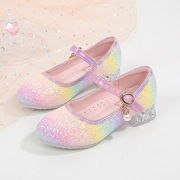 女童公主鞋软底表演春秋蝴蝶结时尚甜美可爱防滑彩虹儿童高跟鞋子