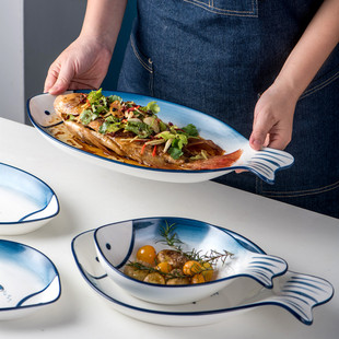 日式陶瓷蒸鱼盘椭圆形家用创意鱼形盘套装个性大号商用餐厅菜盘子