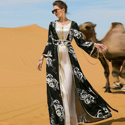 欧美风格BA7044阿拉伯黑白花朵刺绣两件套女士长裙送腰带长袍