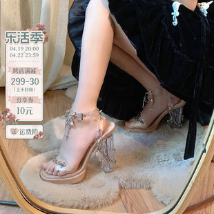 pinkyo原创亚文化辣妹，一字带高跟鞋女2024夏露趾粗跟绑带凉鞋