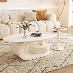 奶油风创意茶几客厅2024椭圆形家用小户型意式极简岩板茶桌