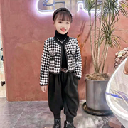 女童加厚小香风套装2022加绒哈伦裤格子长袖复古两件套韩版潮