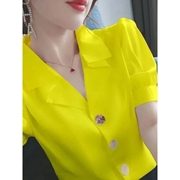 黄色雪纺衬衫女夏季韩版2024短袖气质设计感小众复古V领衬衣