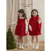 sonnykids女童冬季红色羊毛背心，裙斗篷两件套高级礼服花边无袖裙