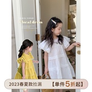 女童连衣裙2023夏季儿童白色黄色棉布蕾丝拼接西小飞袖公主裙