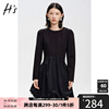 HS奥莱2022冬季女装商场同款黑色甜酷针织拼接长袖花苞连衣裙