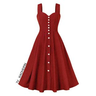 夏单排扣无袖红色背心裙，小众别致气质，中长复古大摆波点连衣裙