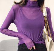 2020泫雅紫色高领上衣，网纱透视内搭打底衫防晒长袖t恤女