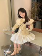 韩版儿童上衣23秋季女童洋气双层娃娃大翻领小香风黄色外套