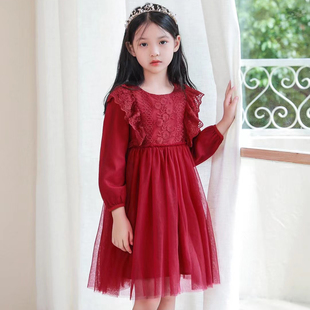 公主裙韩版洋气酒红色24春季女孩长袖儿童纯色礼服蕾丝蓬纱连衣裙