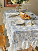 美式法式浪漫复古圆桌布绣花白色，荷叶边裙摆茶几台布长方形餐桌布