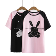 小兔子撞色拼接插肩短袖，t恤女夏季宽松印花大码休闲粉色上衣