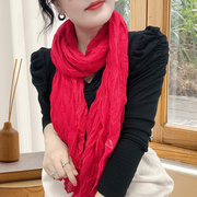 棉麻纯色大尺寸中国红色丝巾，夏围巾(夏围巾，)披肩两用女生秋冬季新薄款围脖