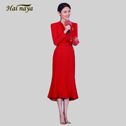 明星同款红色连衣裙高端轻奢气质，优雅v领修身长袖年会主持礼服裙