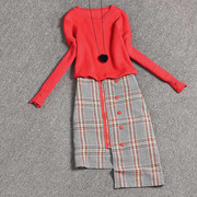 时尚套装裙女2023秋冬宽松针织衫设计感不规则，格子半身裙两件套潮