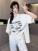 RR fashion 短袖T恤女2024夏季拼接字母装饰珍珠花边圆领上衣