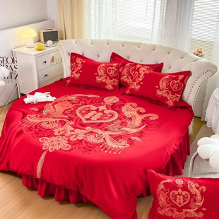 纯棉圆床裙四件套大红色婚庆2.0m2.2米全棉磨毛结婚圆形床上用品