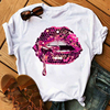 Shiny Lip Print T-shirt闪亮嘴唇印花夏季女士宽松圆领短袖T恤
