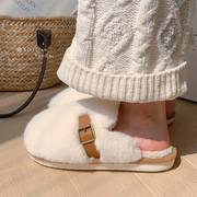 细细条简约风创意皮带扣包头毛毛鞋情侣，冬季室内保暖棉拖鞋男女