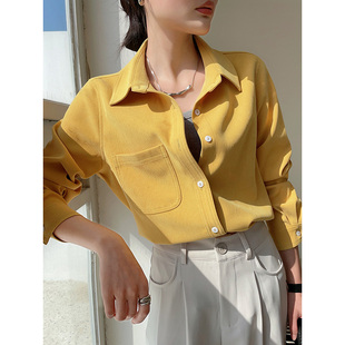 姜黄色(姜黄色)衬衫，女春秋设计感小众，叠穿长袖衬衣春款女装2024年上衣