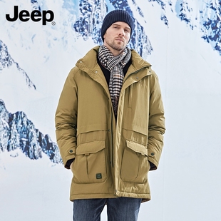 jeep加长款羽绒服男士，冬季加厚保暖大衣吉普，带帽外套工装休闲衣服
