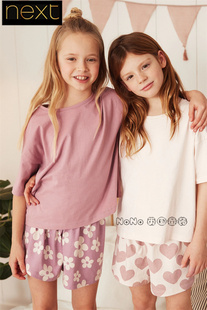英国next女童大童亲子，粉白色花朵，家居服短袖睡衣睡裤d52-296