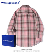 WASSUP港风粉红色格子长袖衬衫男女春秋季宽松情侣装衬衣外套
