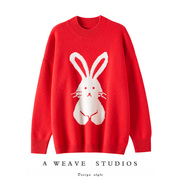 chao级上镜!喜气洋洋~兔年情侣款纯山羊绒衫，红色兔子针织毛衣冬