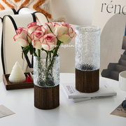 高级感新中式木托玻璃花瓶中国风透明水养插花客厅摆件民宿装饰品