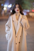 米白色毛呢大衣女2023年秋冬宽松中长款双排扣高端羊毛呢外套