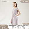 maseley玛塞莉淡紫色，无袖长裙夏季简约条纹，v领收腰连衣裙