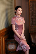老上海丝绸中年双层印花红色婚礼妈妈喜婆婆婚宴装改良旗袍礼服女