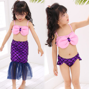女童美人鱼尾巴儿童中小童泳衣，3件套公主宝宝，分体比基尼人鱼服装