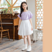 女童半身裙套装2024夏季韩版童装，荷叶袖公主t恤蕾丝短裙裤两件套