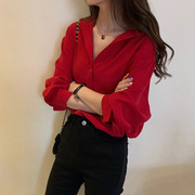 红色上衣春日衬衫2024年女装，韩版衬衣显瘦本命年长袖洋气小衫