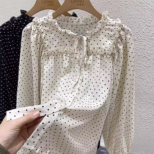 法式波点雪纺衫女设计感小众春季洋气减龄系带蝴蝶结长袖衬衫上衣