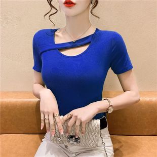 宝蓝色t恤女设计感小众，短袖2023夏季半袖紧身镂空性感上衣女