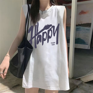 夏季纯棉女生高街设计T恤无袖背心美式宽松白色上衣ins中长款