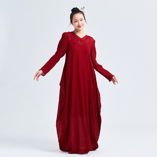 花椿诗意高级亚麻连衣裙重工刺绣红色不规则设计感中国风禅意女装