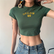 #sisjuly#美式街头个性，复古修身t恤女墨绿色，字母刺绣显瘦露脐上衣