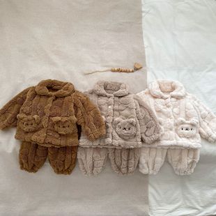 冬季婴儿珊瑚绒家居服套装，男女童可爱小熊毛绒开衫+长裤保暖睡衣