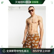 香港直邮潮奢asos男士，co-ord设计宽松亚麻，中长印花棕色短裤